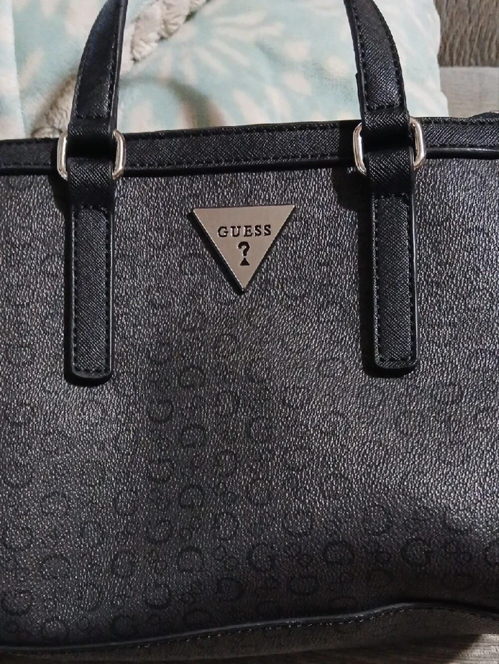 Guess Black Logo-Pattern Satchel with Silver Triangle Emblem